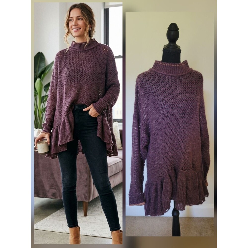 Free People Float On Peplum Sweater Mohair Blackberry Boho Cozy Oversized Neck S